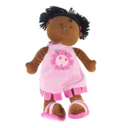 Doudou Peluche POUPEE Noire metisse - FNAC Eveil et Jeux 34 cm Robe rose (17688)