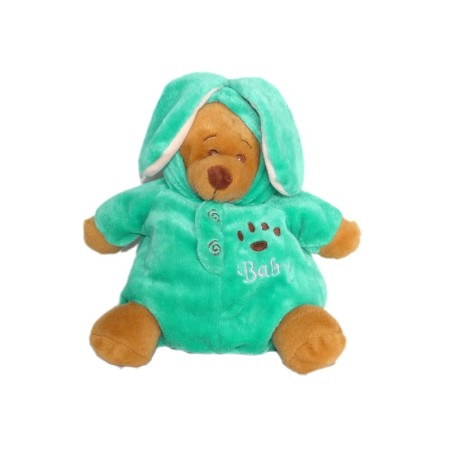 Doudou peluche ours marron déguisé Lapin bleu vert Turquoise Baby Pandoo 22 cm (6519)