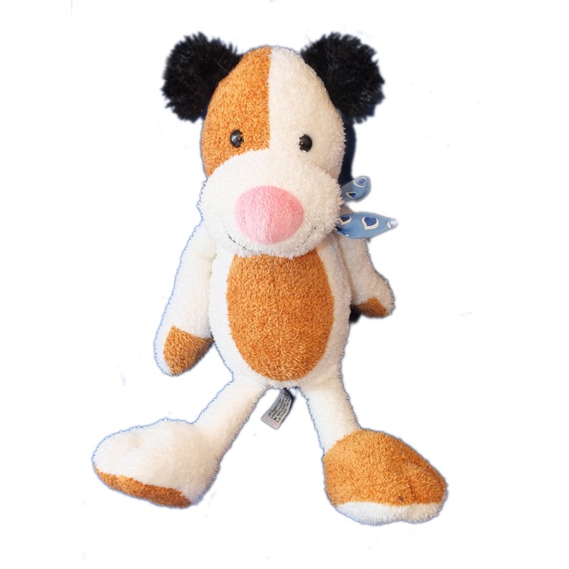 Doudou Peluche CHIEN blanc marron Foulard bleu - SCHAFFER - H 38 cm (6472)