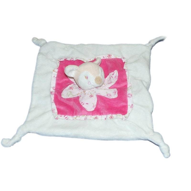 Doudou plat Faon Biche blanc rose Kimbaloo La Halle 4 noeuds Fleur (14591)