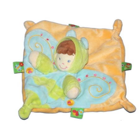 Doudou plat Lutin Papillon orange Vert Bleu - NICOTOY - Coccinelles (11728)