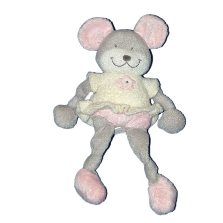 Doudou SOURIS rose gris blanc - Fleur brodée - NICOTOY - H 25 cm (11929)