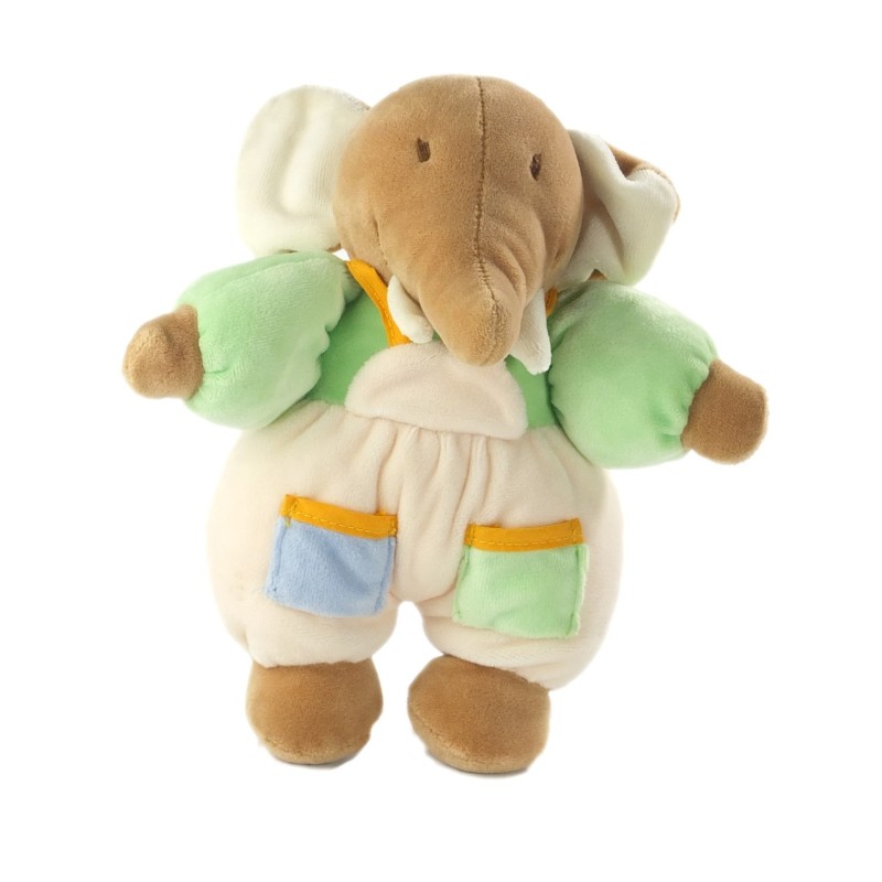 Peluche doudou Elephant vert salopette Ajena 22 cm grelot (20301)