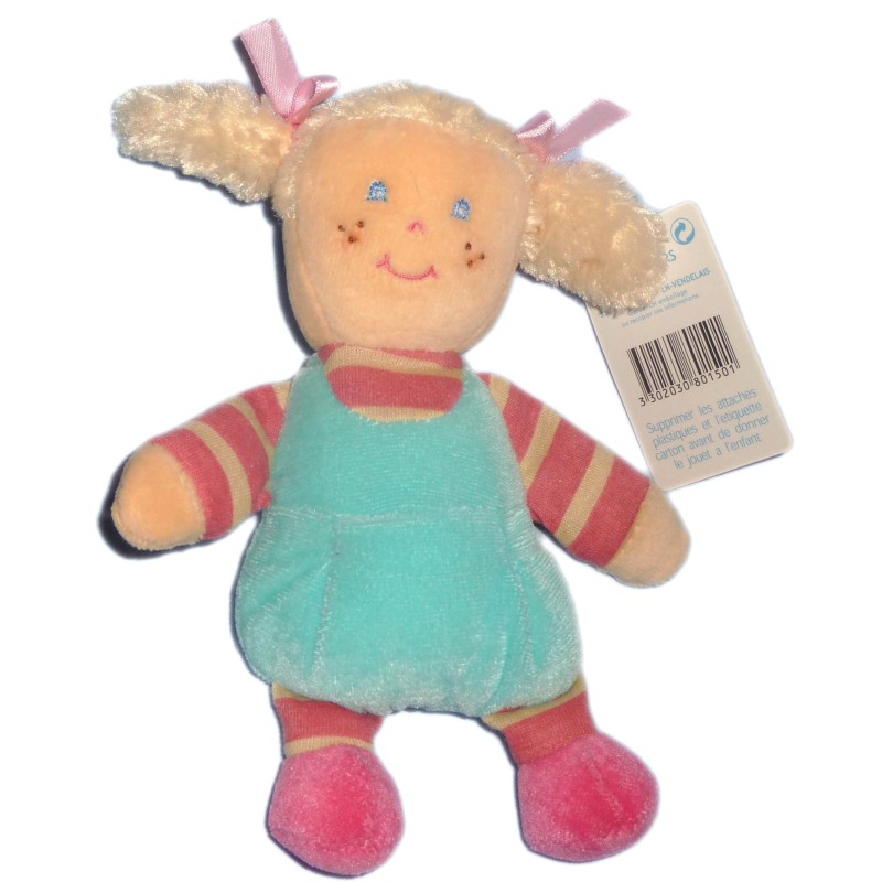 Doudou Poupée bleue rose - AJENA - H 18 cm - Grelot (11961)