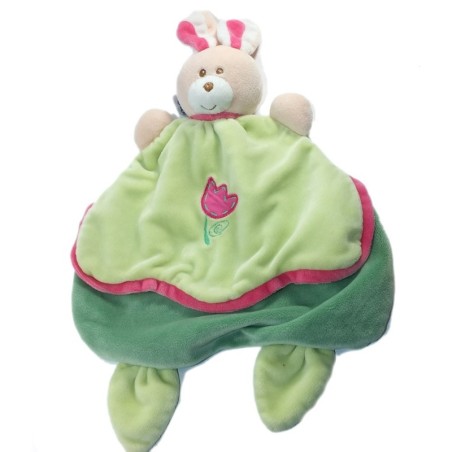 Doudou plat Lapin vert tulipe rose Ajena César France (17391)