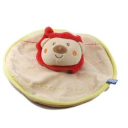 Doudou plat rond Lion beige vert rouge Sucre d'Orge (18216)