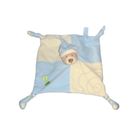 Doudou plat OURS bleu écru Feuilles - GIPSY - 2 noeuds (12593)