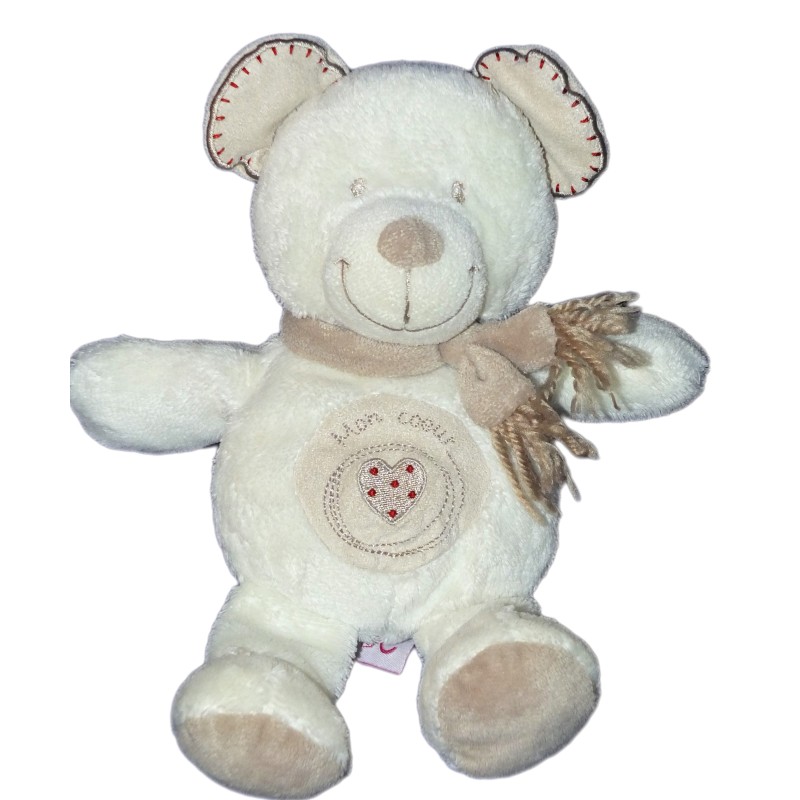 Doudou OURS beige Echarpe Mon coeur POMMETTE - H 22 cm (10534)