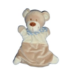 Doudou Marionnette OURS beige Echarpe rayures bleues - POMMETTE  (10109)