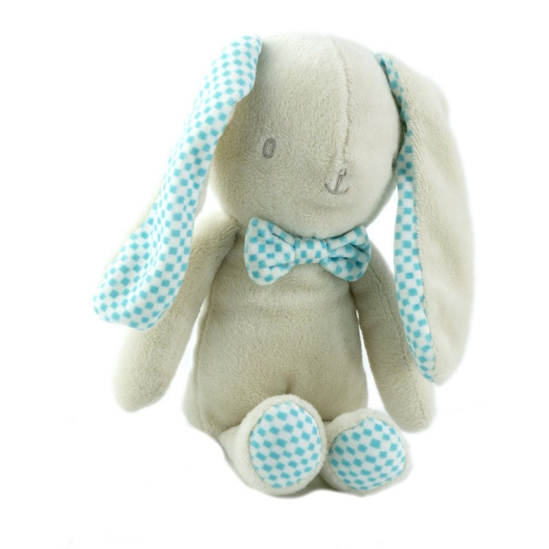 Doudou lapin gris beige bleu bébé Laboratoires KLORANE 22 cm carreaux (18946)