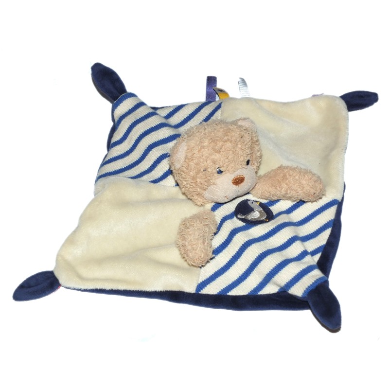 Doudou plat Ours marin blanc bleu POMMETTE Canard mouette rayures  (13316)