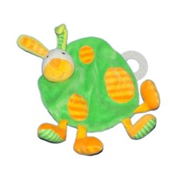 Doudou plat - LAPIN orange vert BABYSUN - Grelot - Anneau dentition (11236)