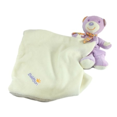 Doudou Ours mauve Mouchoir Blanc Babysun Grelot (17377)