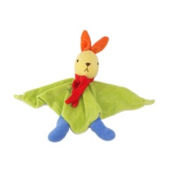 NOUNOURS Doudou plat Lapin vert bleu Echarpe rouge (25816)