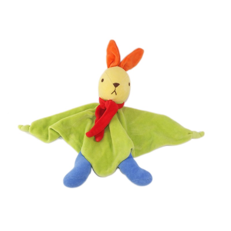 NOUNOURS Doudou plat Lapin vert bleu Echarpe rouge (25816)