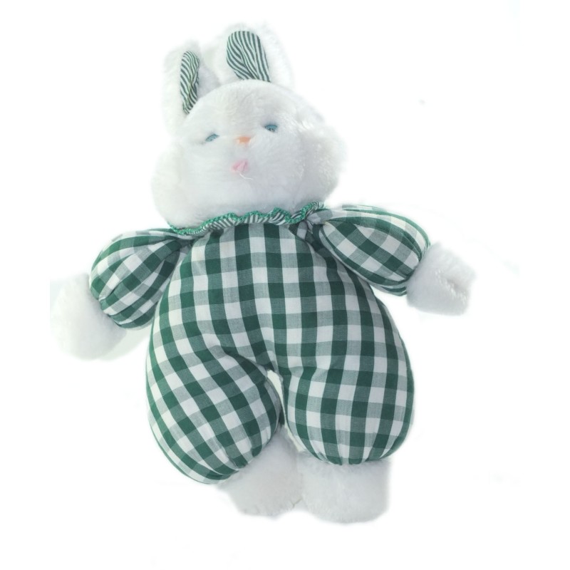 Peluche doudou Lapin blanc vert carreaux Nounours Grelot 28 cm (26035)