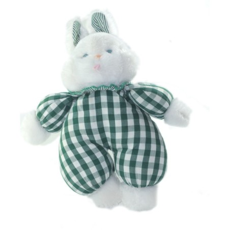 Peluche doudou Lapin blanc vert carreaux Nounours Grelot 28 cm (26035)