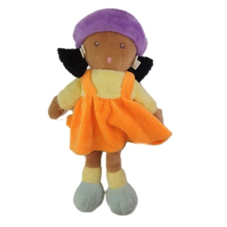 Peluche Doudou poupee robe orange jaune chapeau mauve Nounours 30 cm (25171)