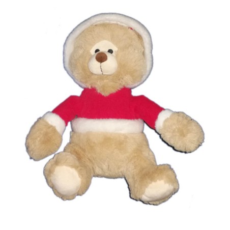 Peluche Ours beige Père Noël Bébé Rêve Casino 32 cm Manteau Capuche rouge (17070)