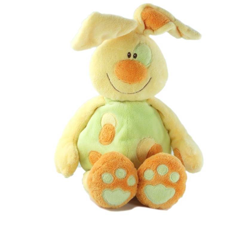 Peluche doudou Lapin jaune vert orange Kiabi 32 cm (20294)