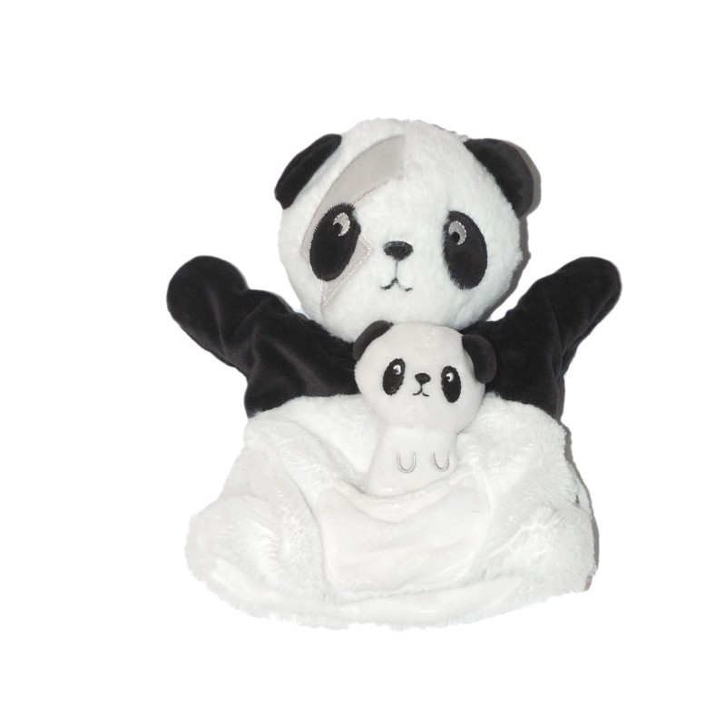 Doudou Marionnette Panda Simba Kiabi noire et blanche avec poche et bébé (27306)