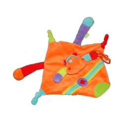 Doudou plat Hippopotame orange vert bleu BABYSUN Hochet Grelot Anneau dentition (12903)