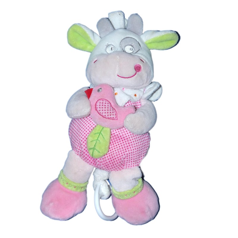 Doudou peluche musicale vache rose Oiseau Feuille MOTS D ENFANTS 28 cm (20177)