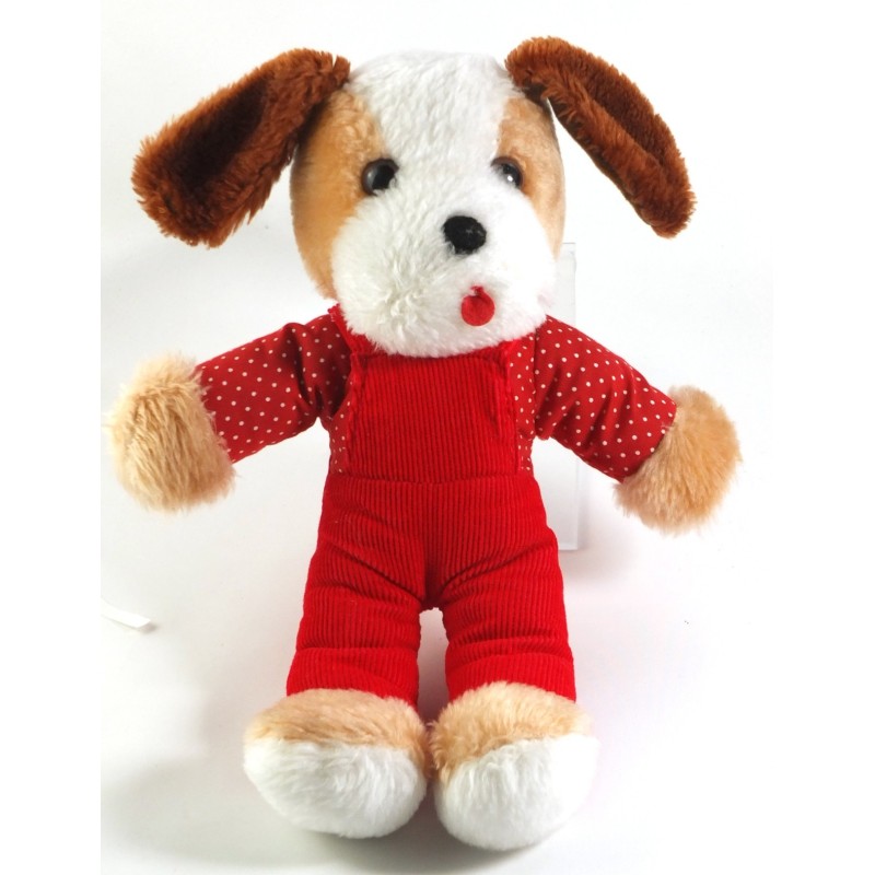 Ancienne peluche doudou Vintage Chien marron blanc beige salopette rouge 26 cm pois blancs  (22416)