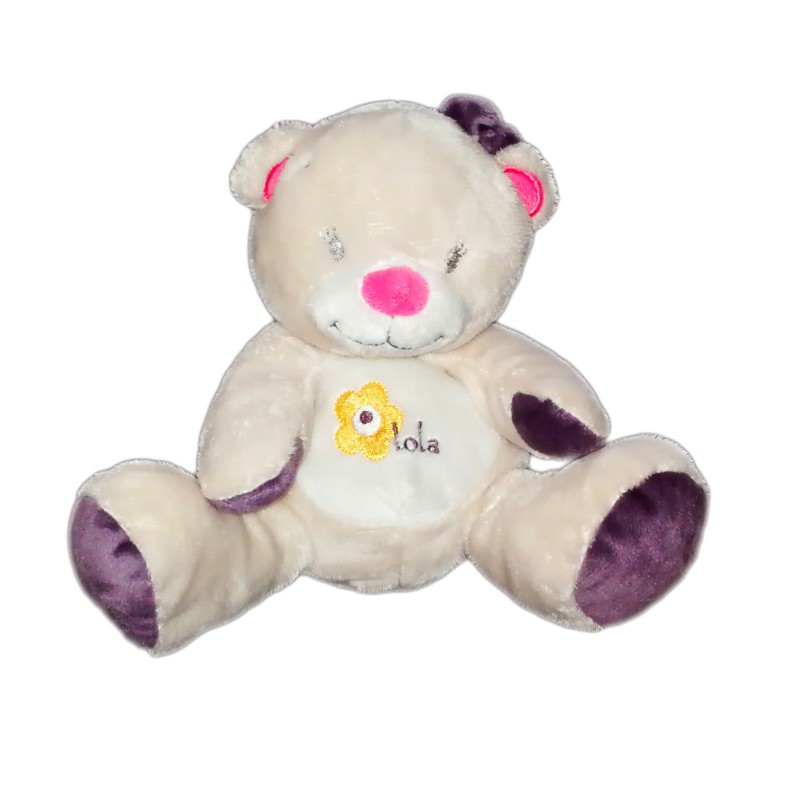Doudou peluche ours oursonne gris blanc violet Bebisol Arthur et Lola 20 cm (18881)