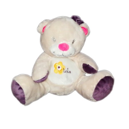 Doudou peluche ours oursonne gris blanc violet Bebisol Arthur et Lola 20 cm (18881)
