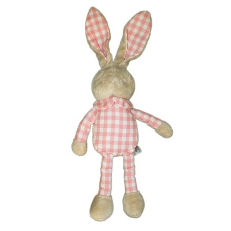 Doudou LAPIN beige rose blanc vichy KLORaNE 27 cm + 13 cm oreilles (21840)