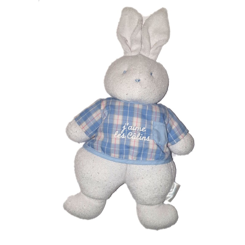 Peluche doudou Lapin blanc bleu Klorane Chemise J aime les calins  32 cm (24930)