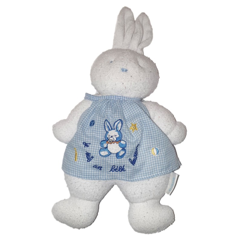 Doudou Lapin blanc tablier bleu Je suis un Bebe Heureux Klorane 35 cm (25750)