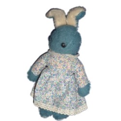 VINTAGE - Très rare ! Doudou peluche Lapin bleu blanc Robe à fleur 32 cm AJENA (14022)