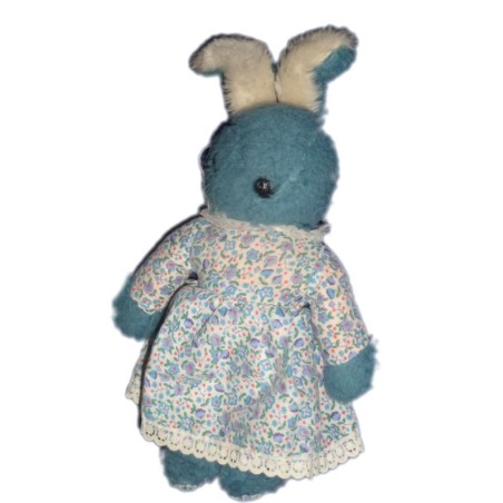VINTAGE - Très rare ! Doudou peluche Lapin bleu blanc Robe à fleur 32 cm AJENA (14022)