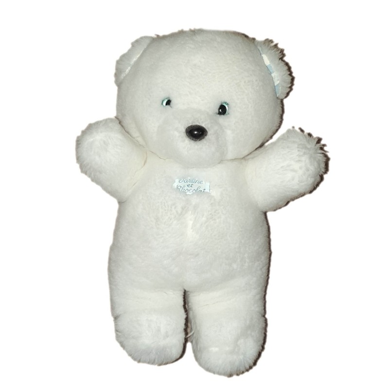 Peluche doudou Ours blanc rayures bleues 26 cm (24650)