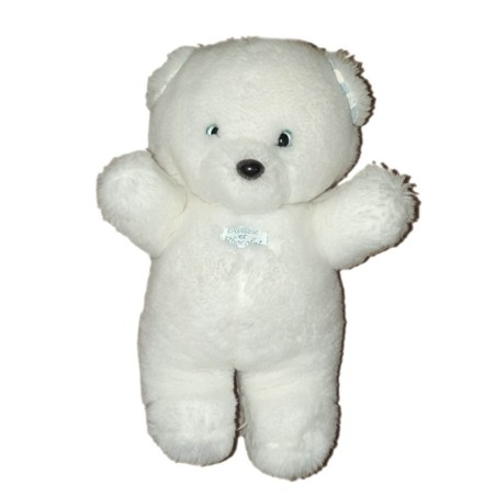 Peluche doudou Ours blanc rayures bleues 26 cm (24650)