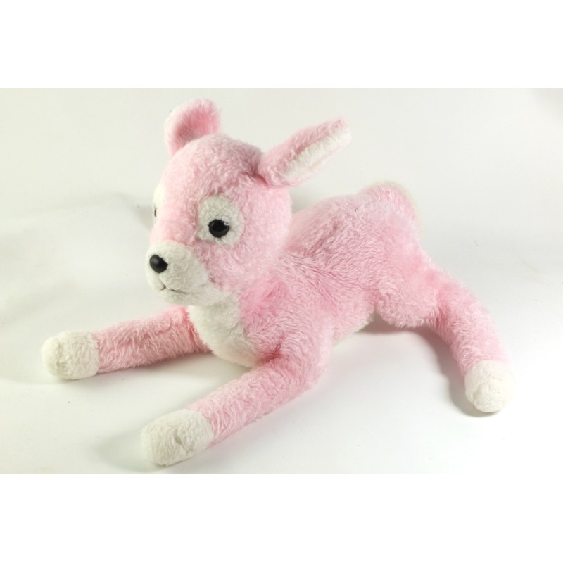 Ancienne peluche doudou Bambi Faon Biche rose blanc 30 cm Nounours Boulgom ? (22404)