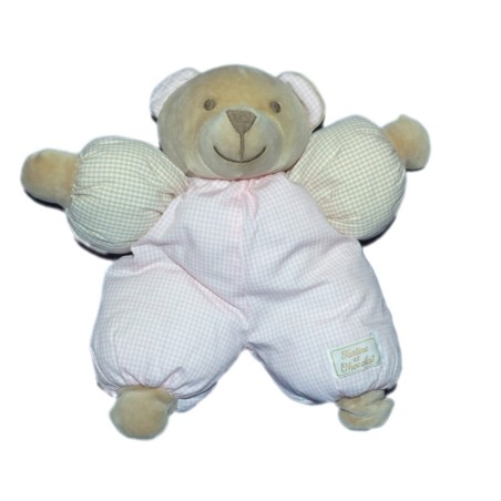 Peluche Doudou Ours beige carreaux rose TARTINE ET CHOCOLAT 25 cm Salopette rouge Vichy Carreaux (16646)