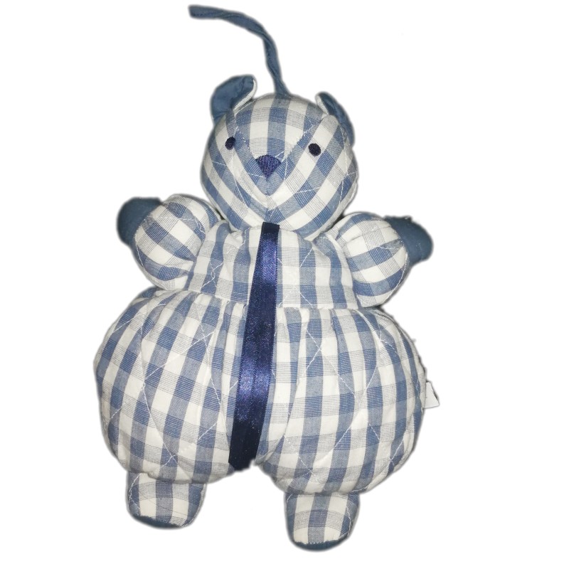 Vintage Doudou ours tissu chiffon blanc bleu carreaux Sucre d orge 30 cm (21679)