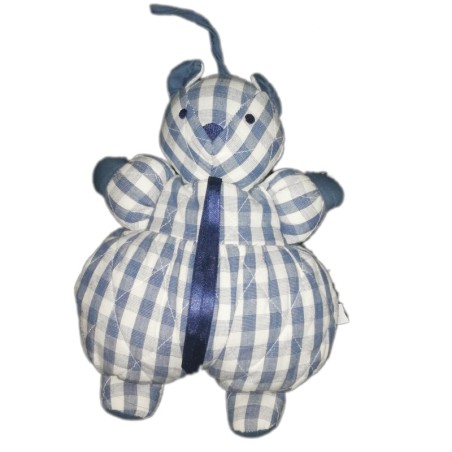 Vintage Doudou ours tissu chiffon blanc bleu carreaux Sucre d orge 30 cm (21679)