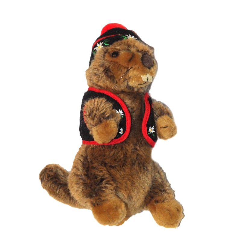 Peluche Marmotte marron Sonore chant Yodel Bonnet rouge fleurs 28 cm Anima (27512)