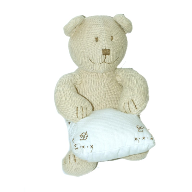 Doudou Peluche musicale OURS beige coussin oreille blanc - JACADI - Assis 20 cm (11125)