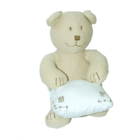 Doudou Peluche musicale OURS beige coussin oreille blanc - JACADI - Assis 20 cm (11125)