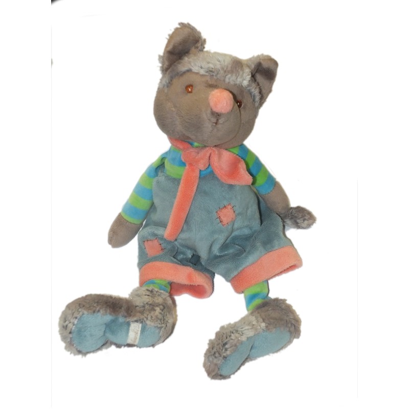 Peluche doudou Loup Wolfy Bukowski Design 42 cm Salopette bleue orange rose saumon 42 cm (28106)
