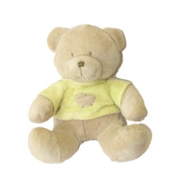 Doudou Peluche OURS beige Pull Jaune Coeur - KIABI - H 24 cm (6360)
