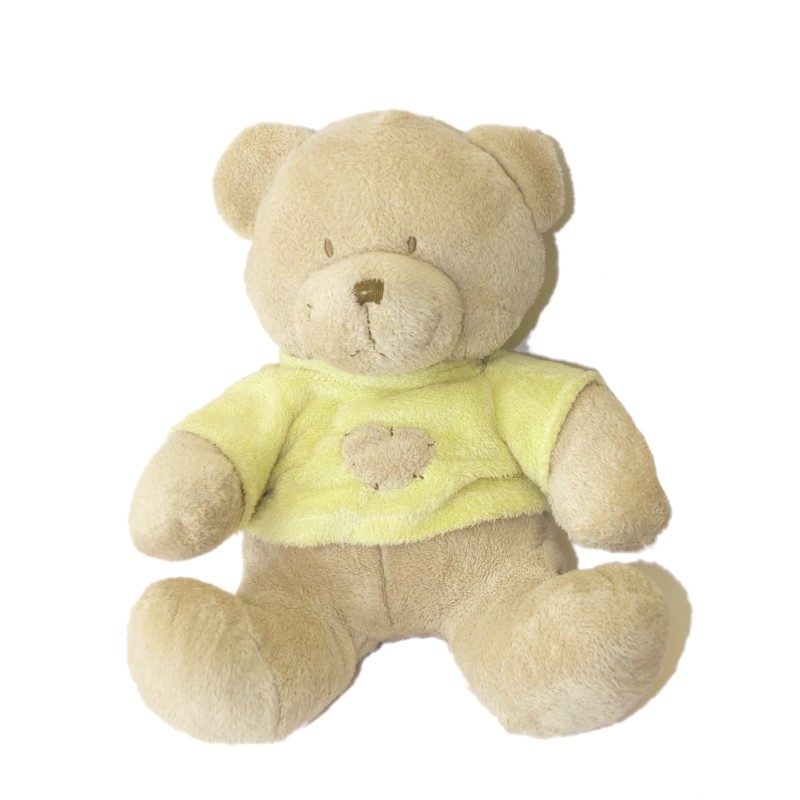 Doudou Peluche OURS beige Pull Jaune Coeur - KIABI - H 24 cm (6360)