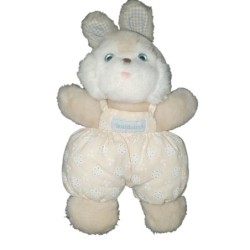 Peluche doudou tissu Lapin blanc beige bleu salopette Nounours Grelot 32 cm (21977)