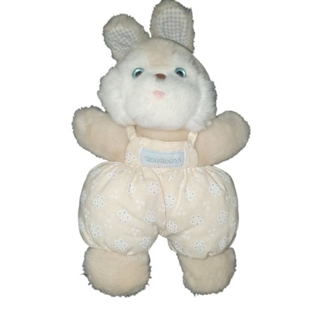 Peluche doudou tissu Lapin blanc beige bleu salopette Nounours Grelot 32 cm (21977)