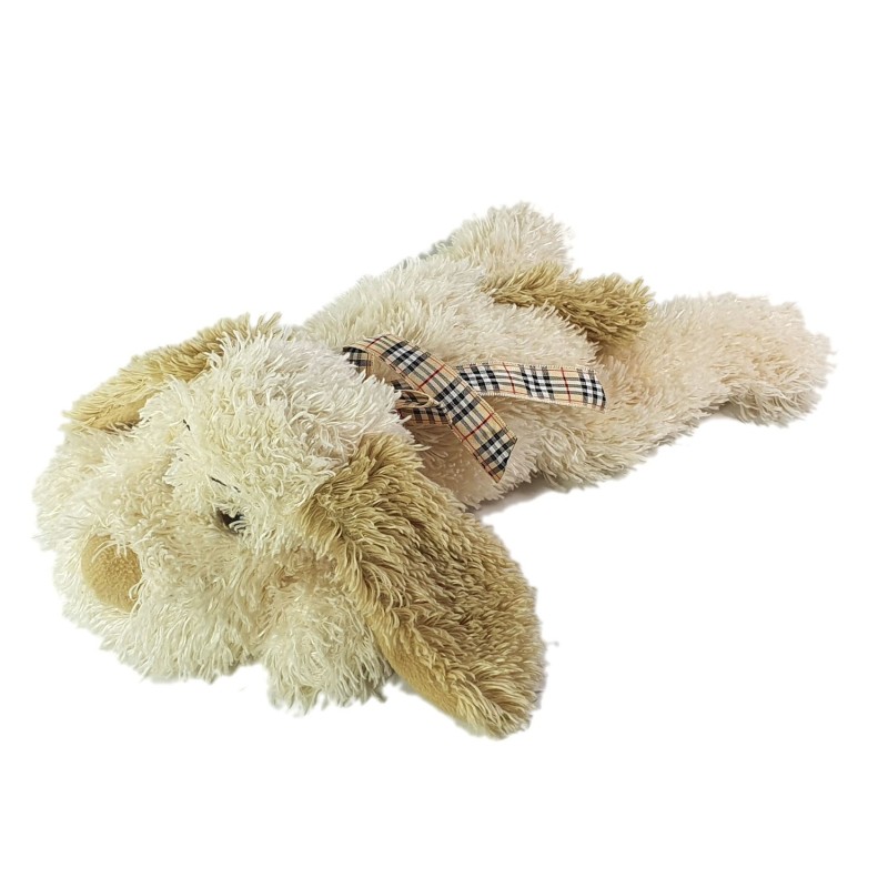 Peluche Chien allongé couché ecru creme beige noeud Carreaux Gipsy 38 cm (22837)